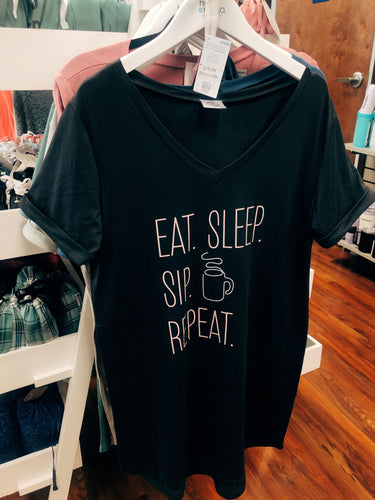Hello Mello Sleep Tee—Eat. Sleep. Sip. Repeat.